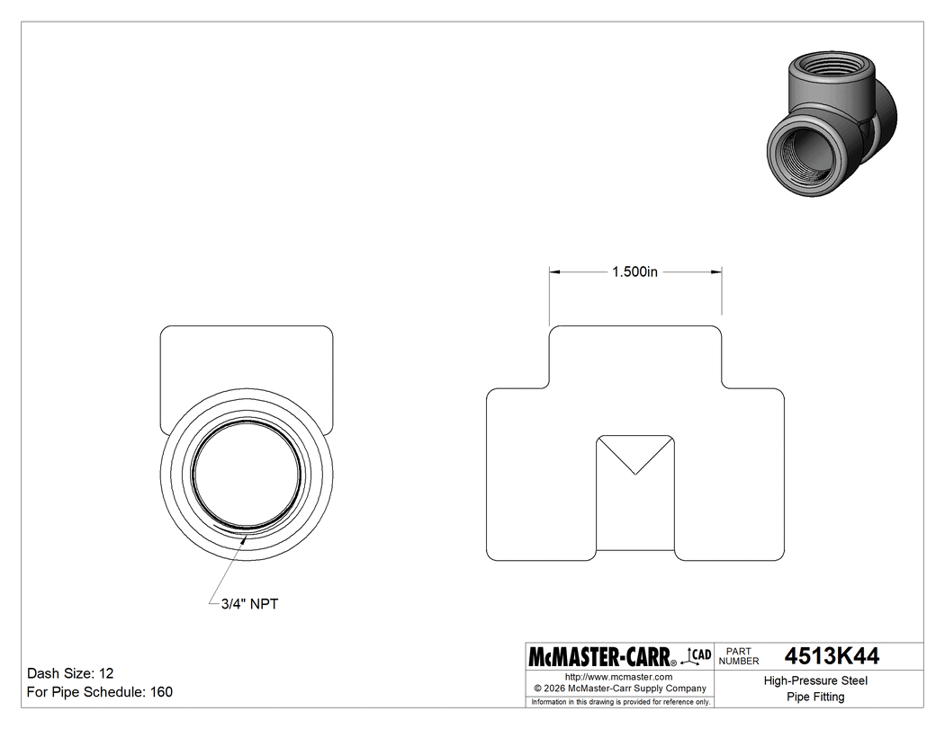 Technical Drawing of High-Pressure Steel Pipe Fitting, Tee Connector, 3/4 NPT Female.